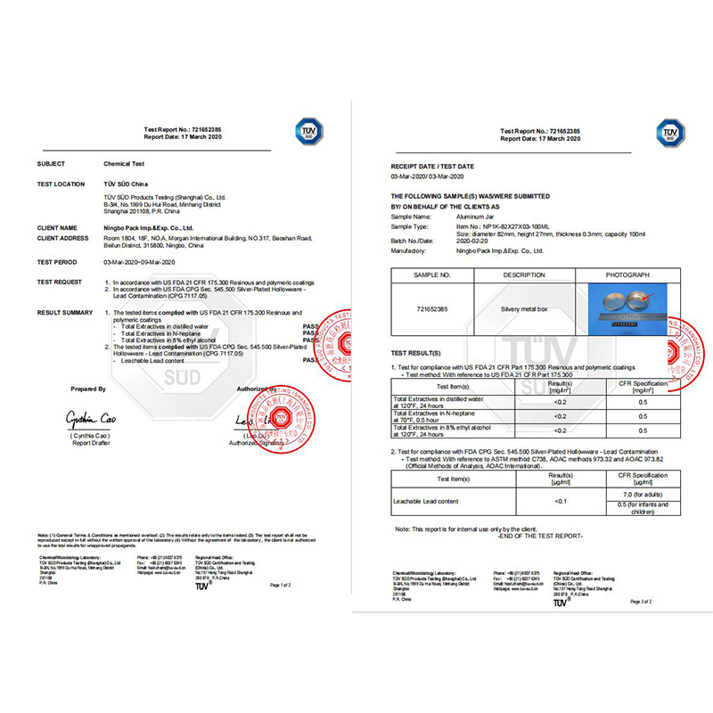 FDA Test Report Aluminum Jar