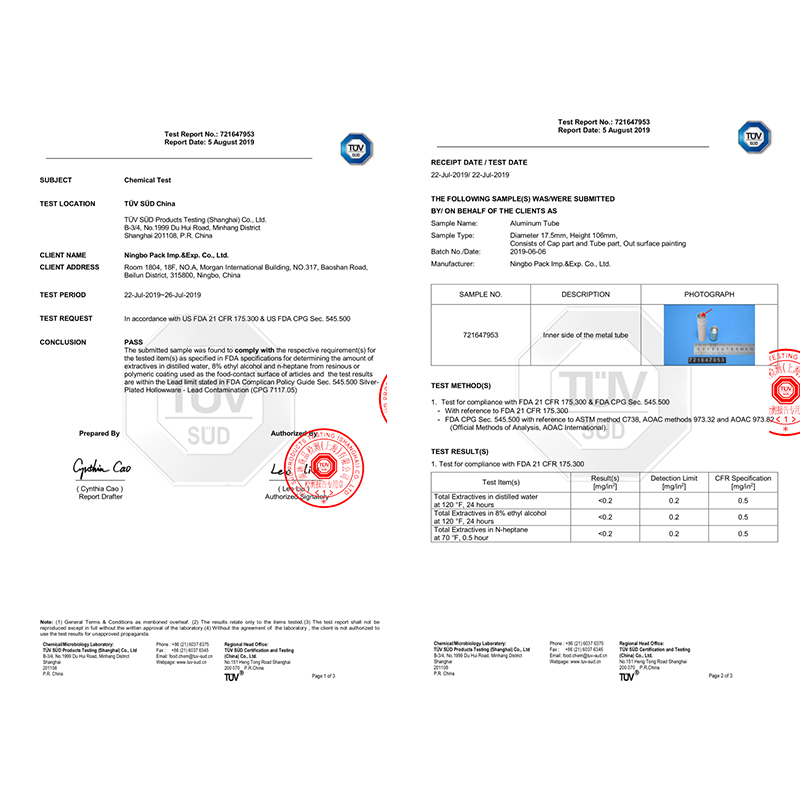 FDA Test Report Aluminum Cigar Tube
