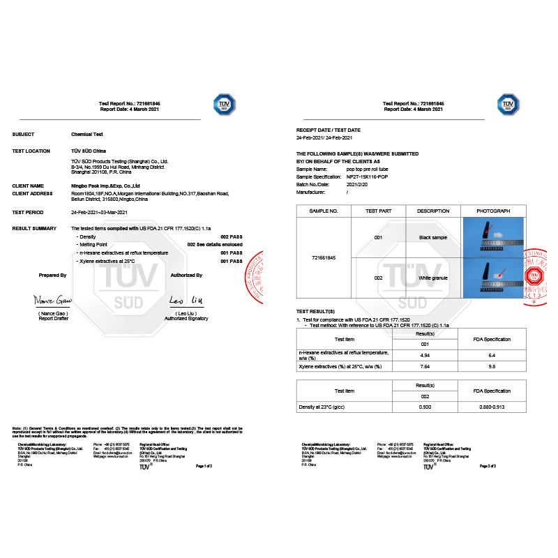 FDA Test Report Plastic POP TOP TUBE